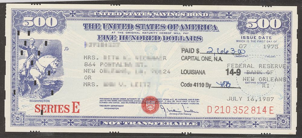 United States Savings Bond, Series E, 07/1975 $500 Washington Mounted, Reissued ReplacementValley Forge